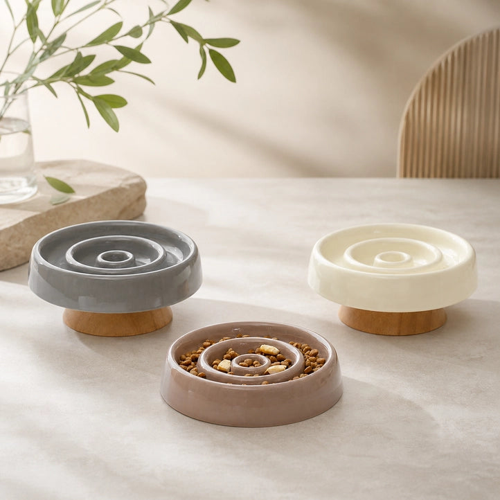 Raised Ceramic Slow Feeder Bowl with Wooden Base