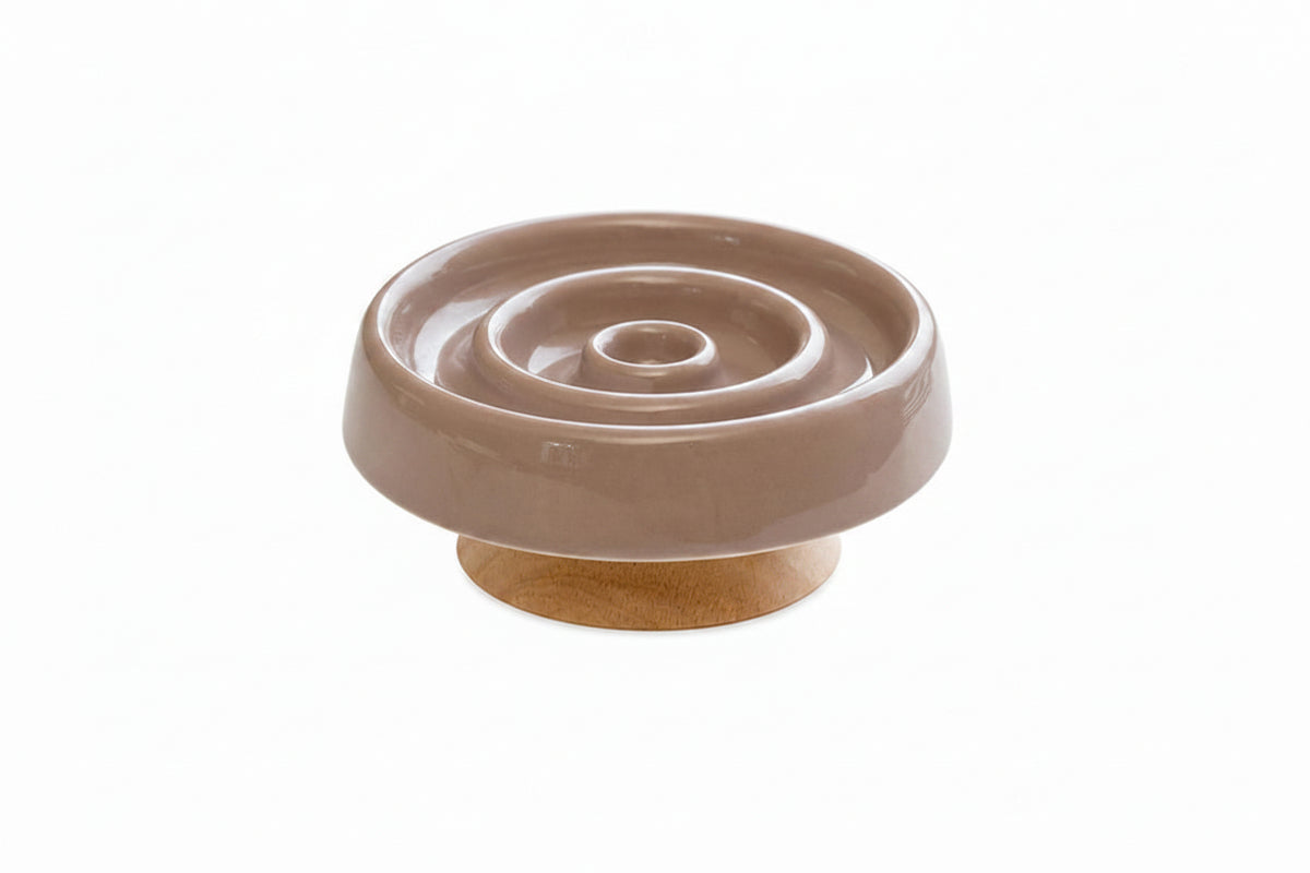 Raised Ceramic Slow Feeder Bowl with Wooden Base