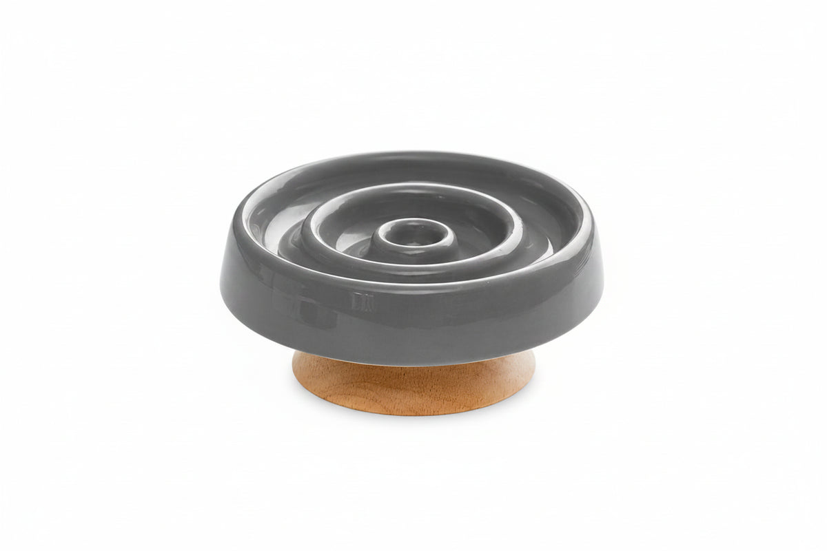 Raised Ceramic Slow Feeder Bowl with Wooden Base