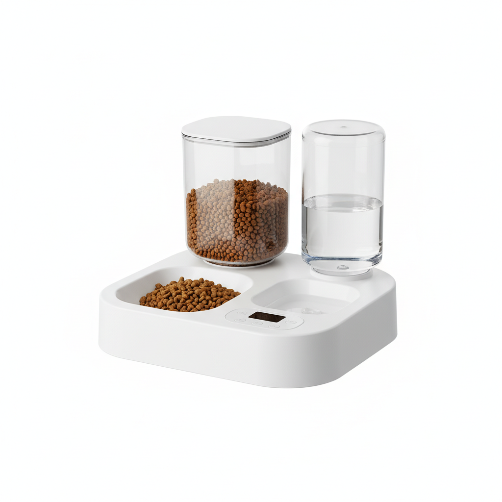 Automatic pet feeder with water dispenser on white background