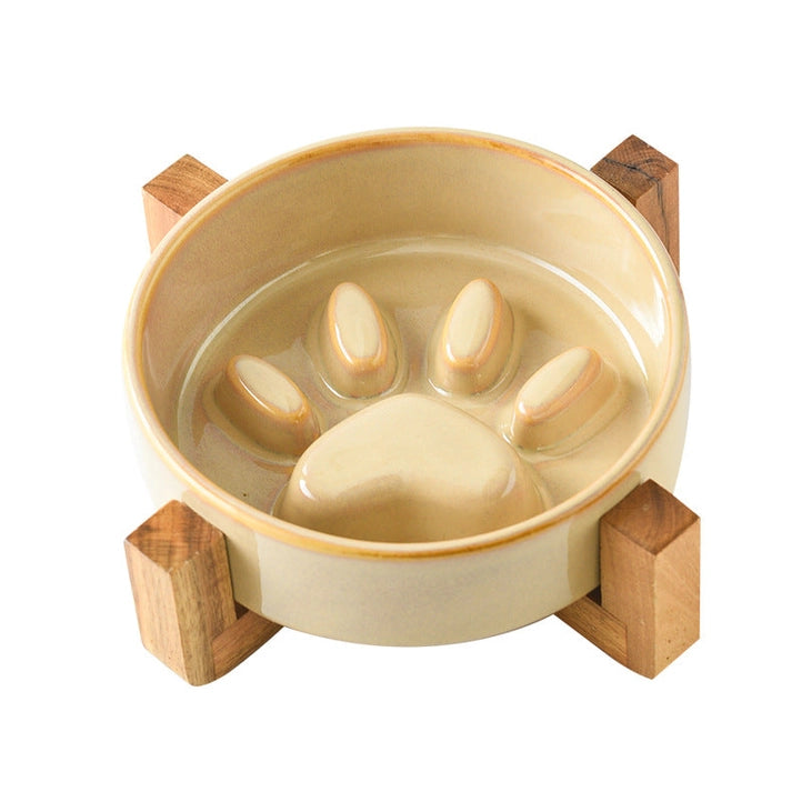 Kiln-Glazed Ceramic Slow Feeder Bowl with Wooden Stand