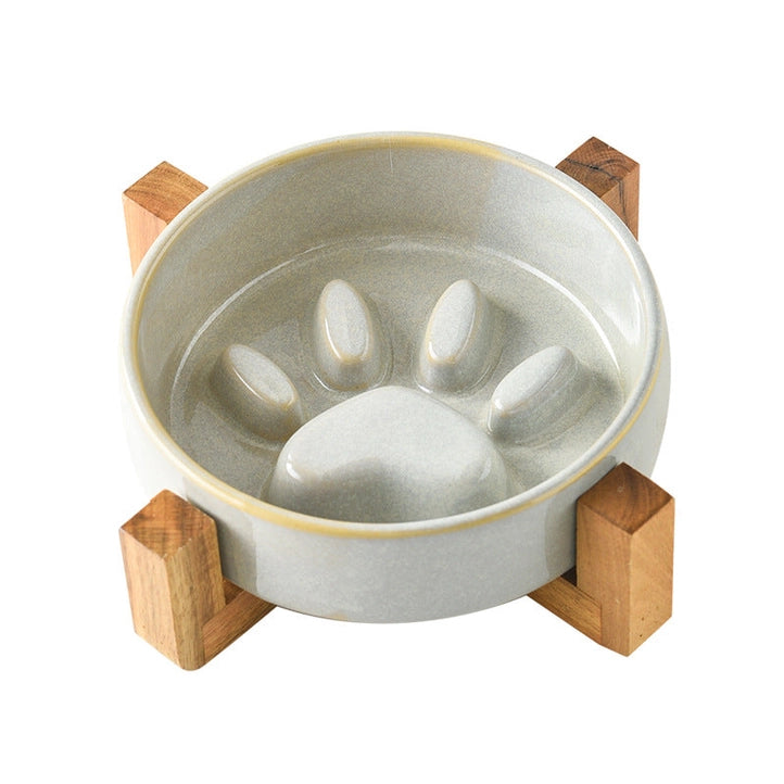 Kiln-Glazed Ceramic Slow Feeder Bowl with Wooden Stand