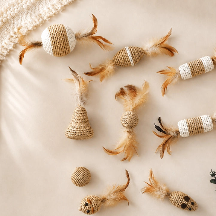 Natural Sisal Cat Toy Set with Feather & Bells - 4 Pack
