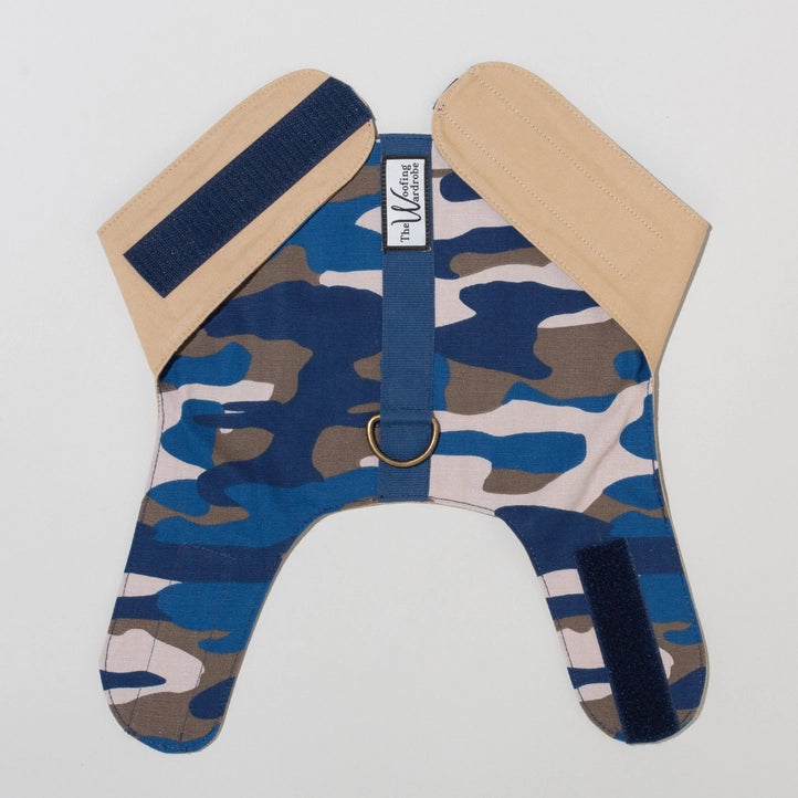 Organic Cotton Dog Harness - the Hambleden in blue/grey camouflage design with adjustable straps.
